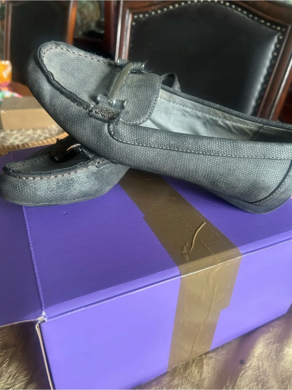 Chaps dark gray Slip-On Moccasin Loafers with Silver Accent size 7.5.